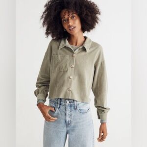 Madewell Knit Corduroy Crop Shirt-Jacket Sage Green Olive Button-Front Pocket